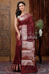 Zari work soft silk manipuri saree in wine berry brown maroon saree silver border 1