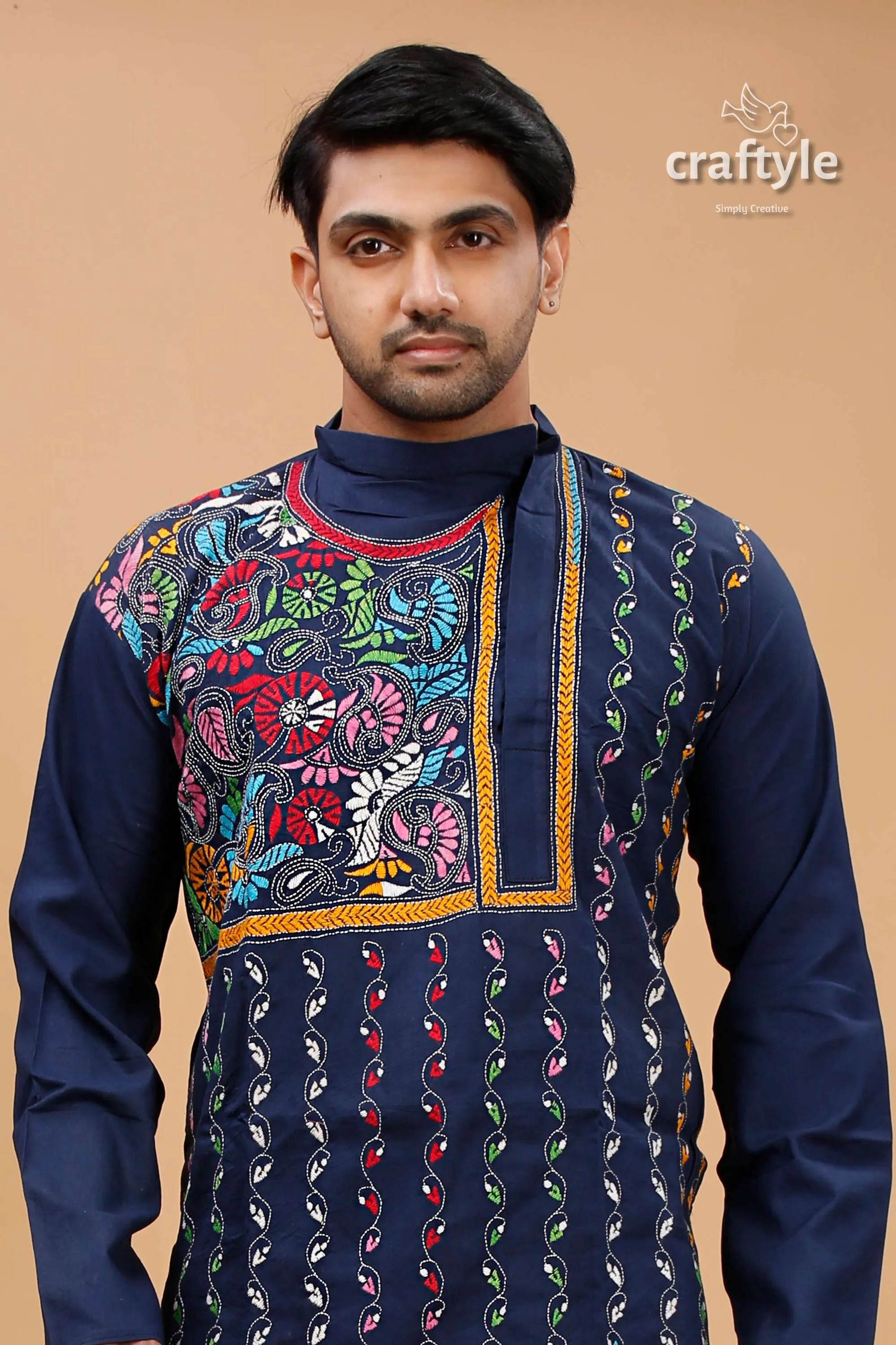 Zodiac blue multicolor kantha work cotton kurta for men embroidered 2