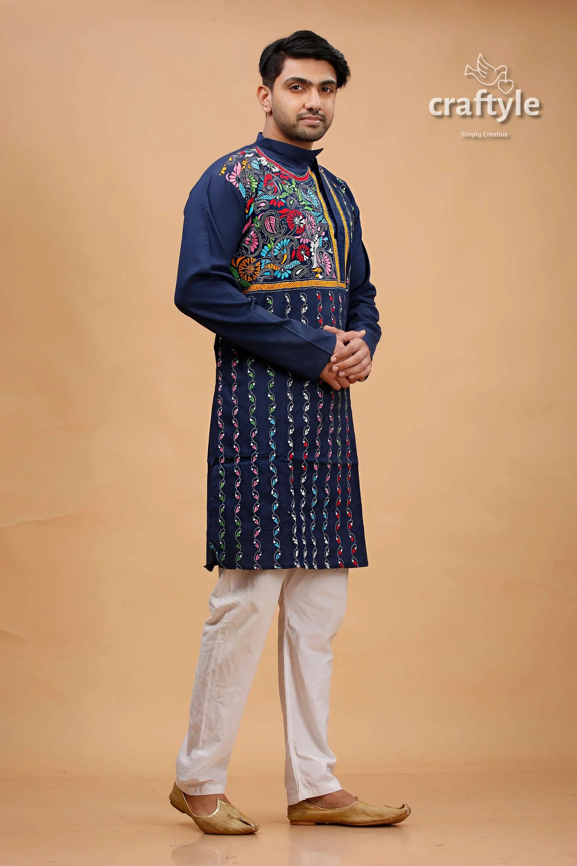 Zodiac blue multicolor kantha work cotton kurta for men embroidered navy kurta white pants 4