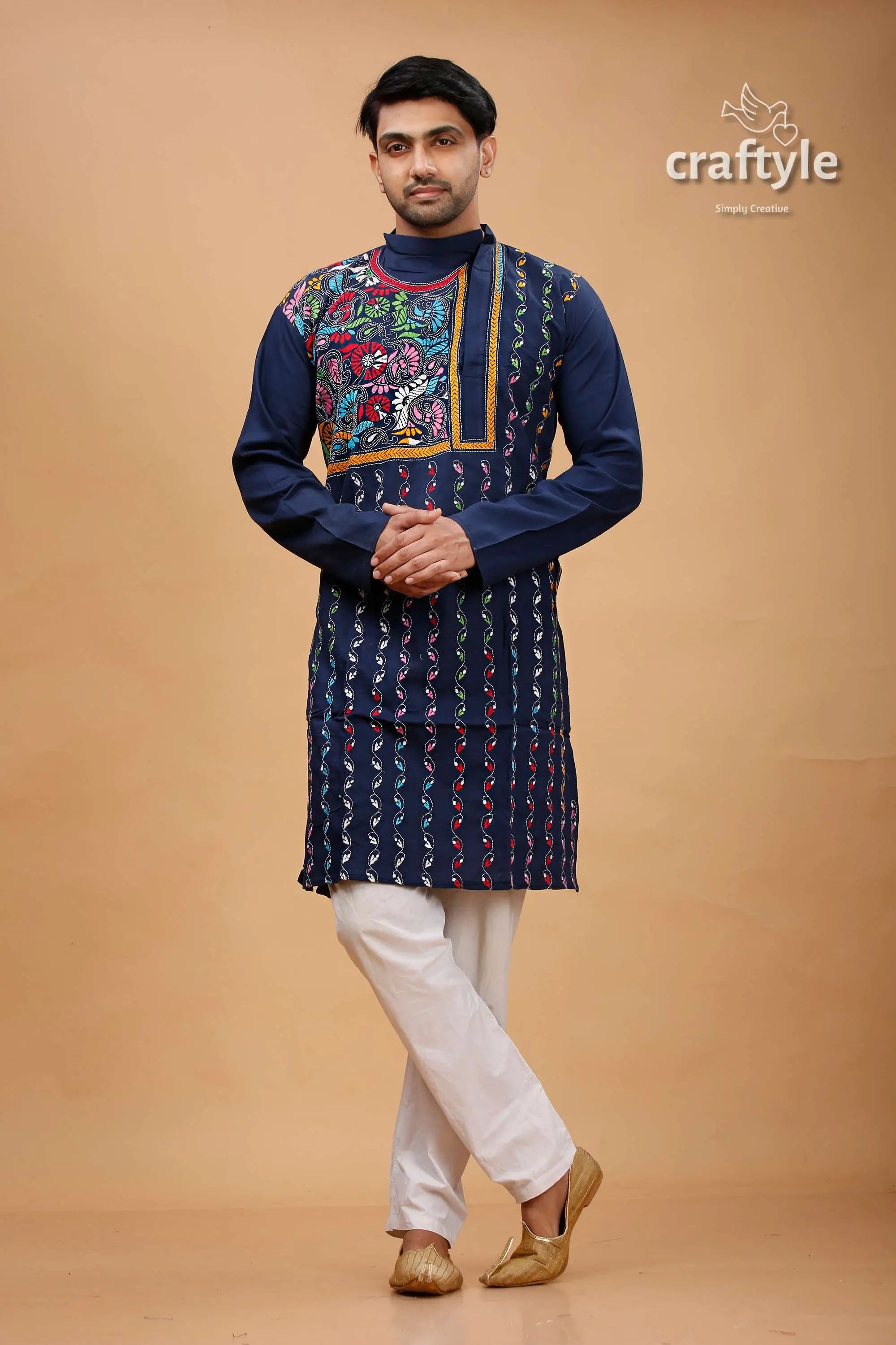 Zodiac blue multicolor kantha work cotton kurta for men man embroidered kurta white pants 1