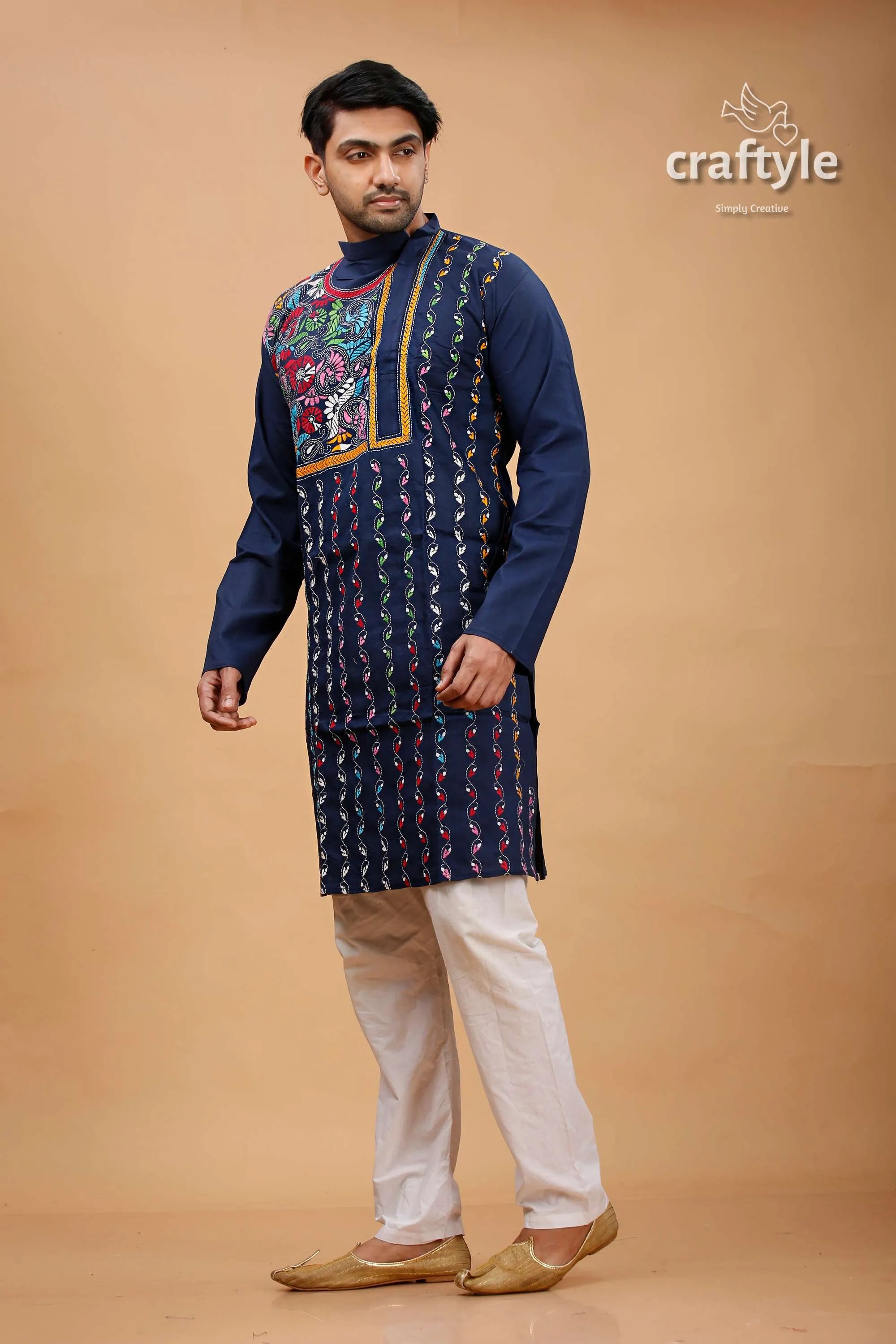 Zodiac blue multicolor kantha work cotton kurta for men man’s embroidered pajama outfit 3