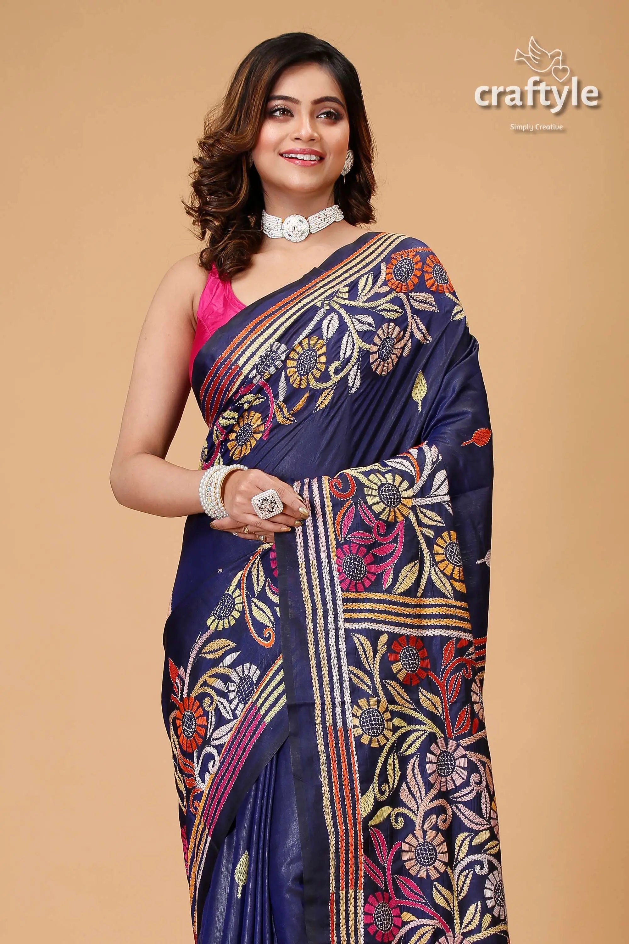 Zodiac blue multicolor silk kantha work saree navy blue floral embroidered saree 2