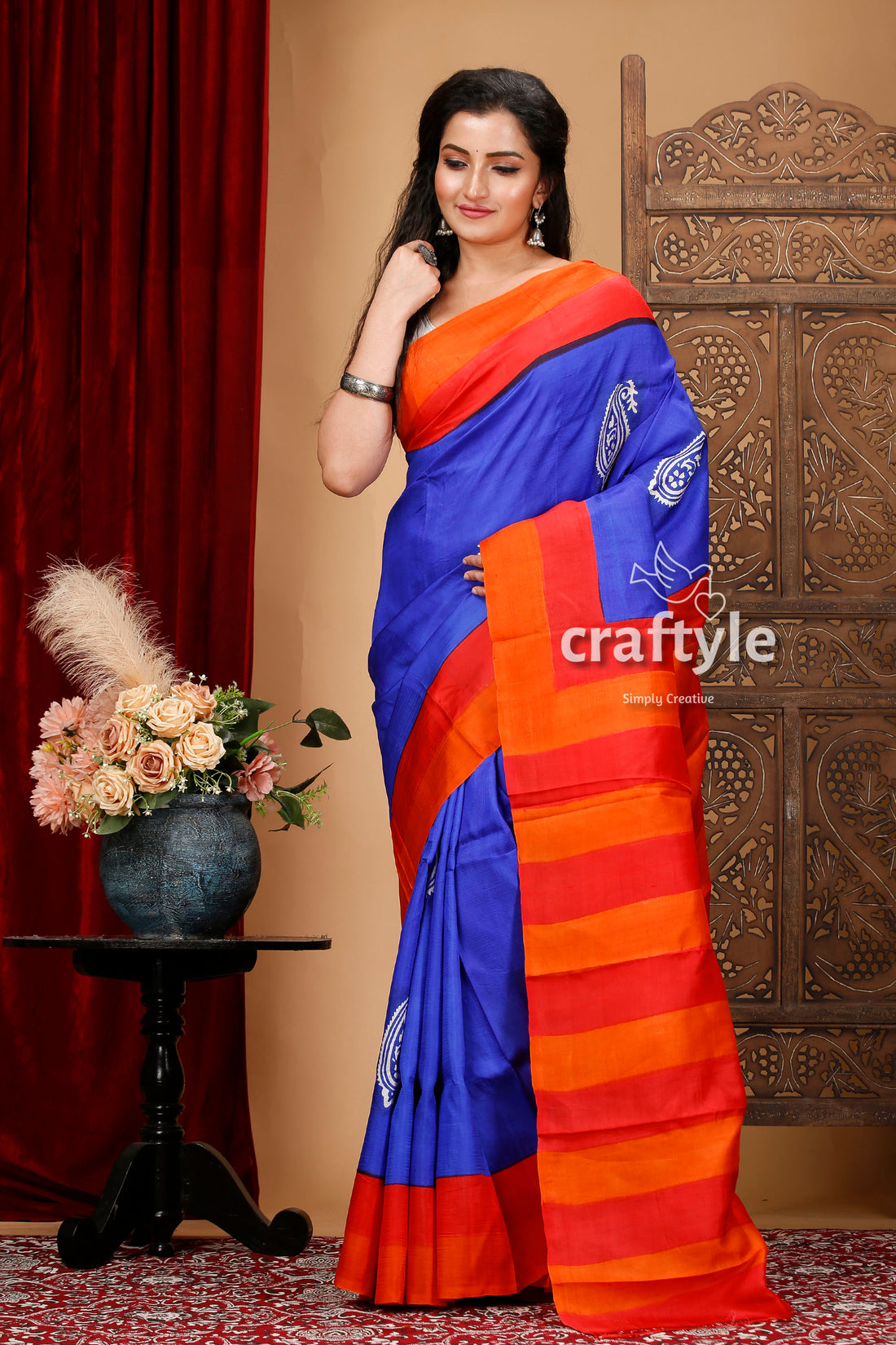 Radical Red and Blue Hand Block Print Mulberry Pure Silk Saree