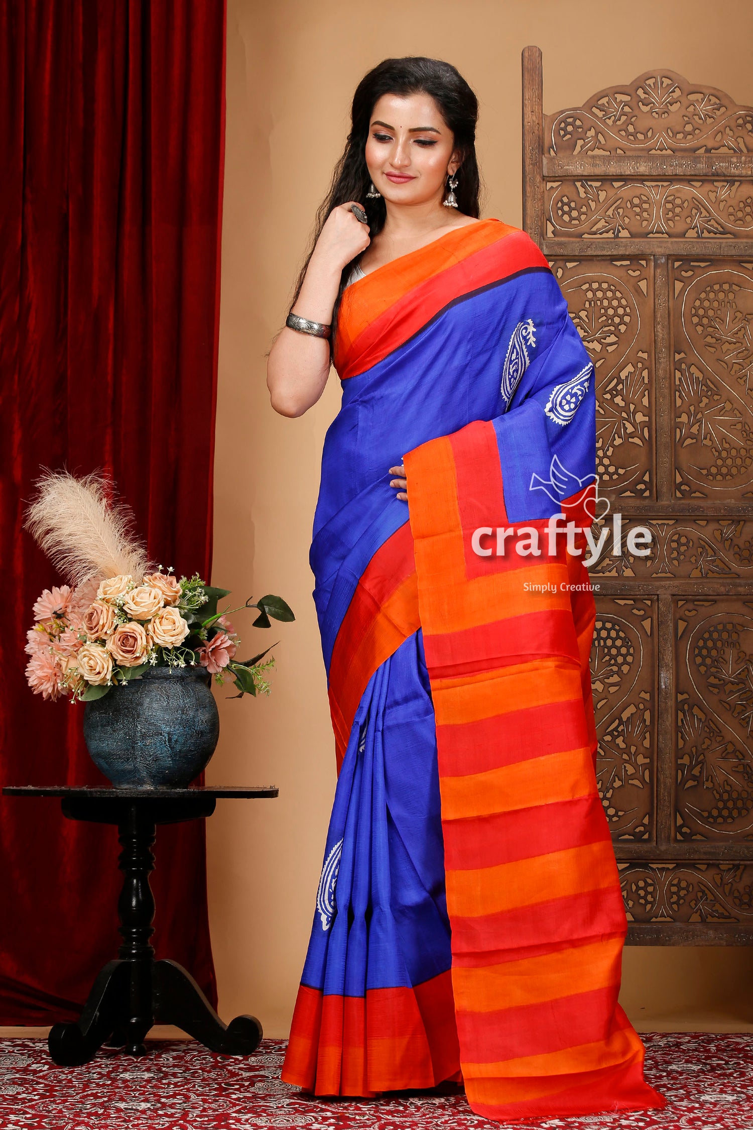 Radical Red and Blue Hand Block Print Mulberry Pure Silk Saree