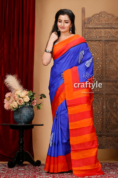 Radical Red and Blue Hand Block Print Mulberry Pure Silk Saree
