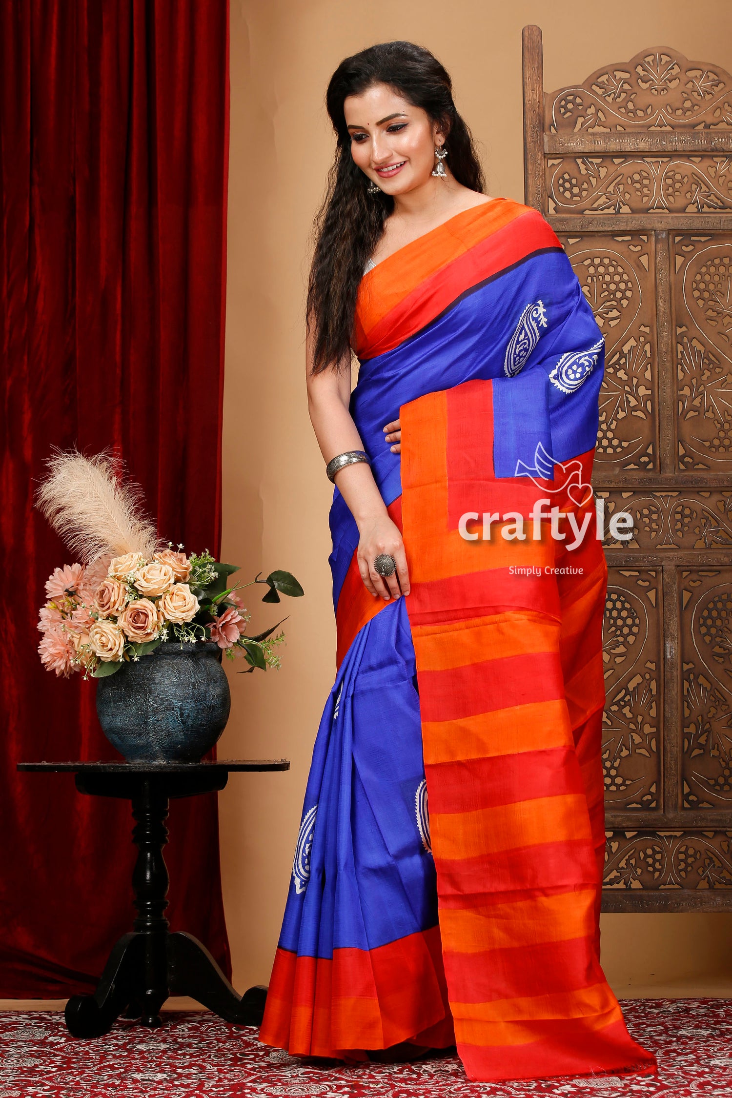 Radical Red and Blue Hand Block Print Mulberry Pure Silk Saree