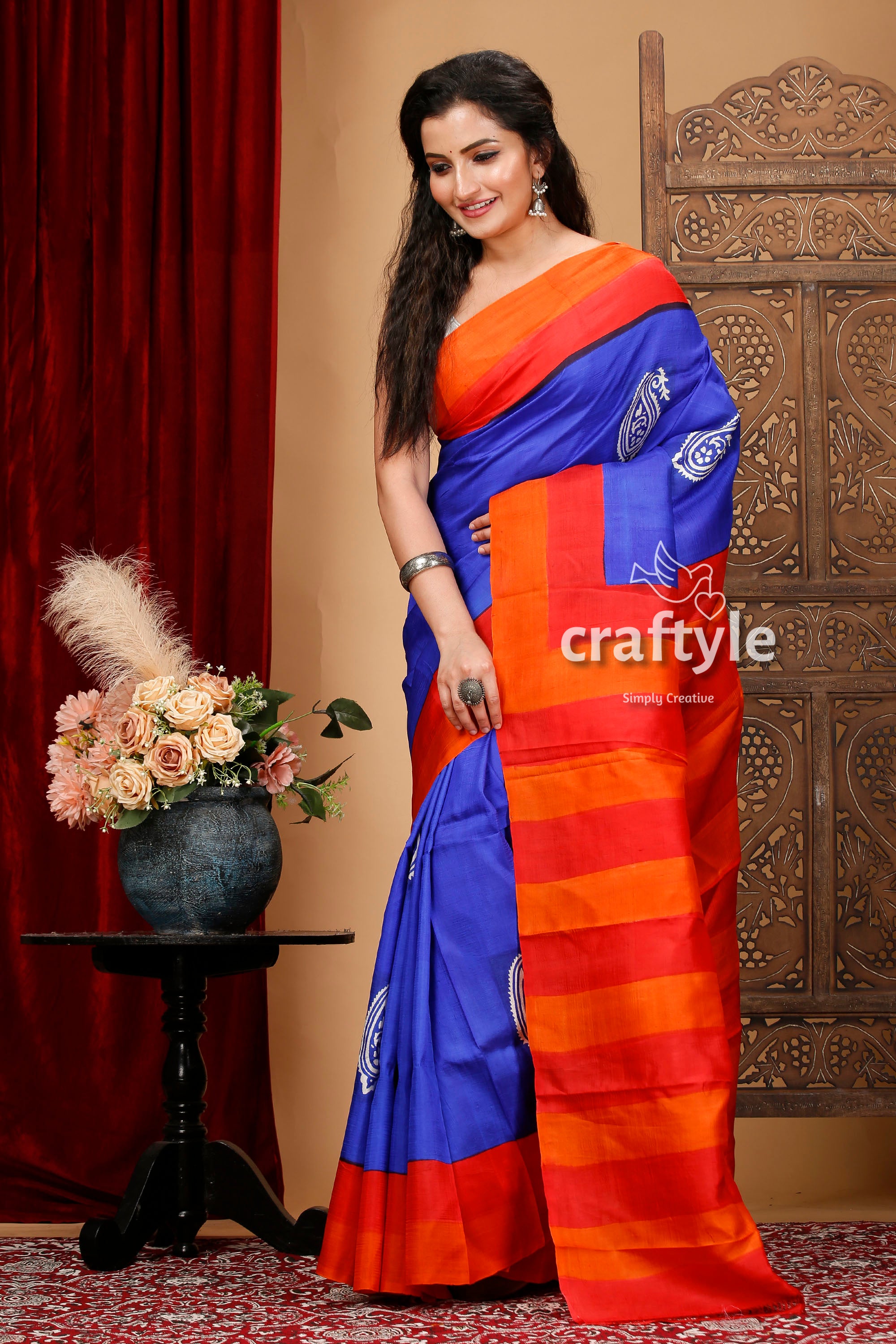 Radical Red and Blue Hand Block Print Mulberry Pure Silk Saree