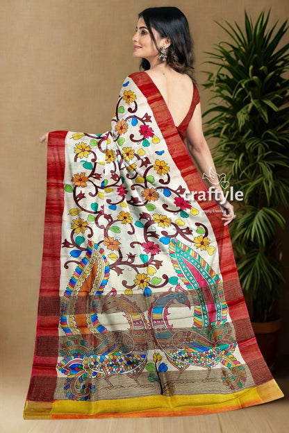 Hand Painted Floral Tussar Kalamkari Saree with Zari Border - Pure Tussar Silk