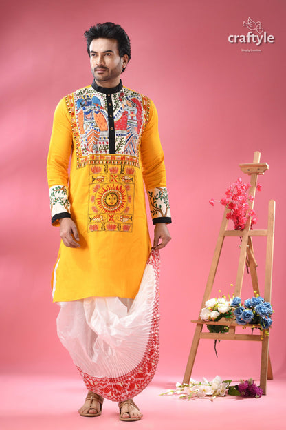 Mahubani Hand-Painted Cotton Punjabi for Men with Kantha Embroidery