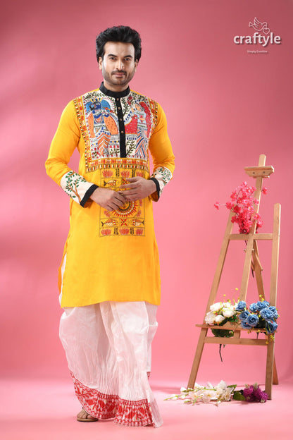 Mahubani Hand-Painted Cotton Punjabi for Men with Kantha Embroidery