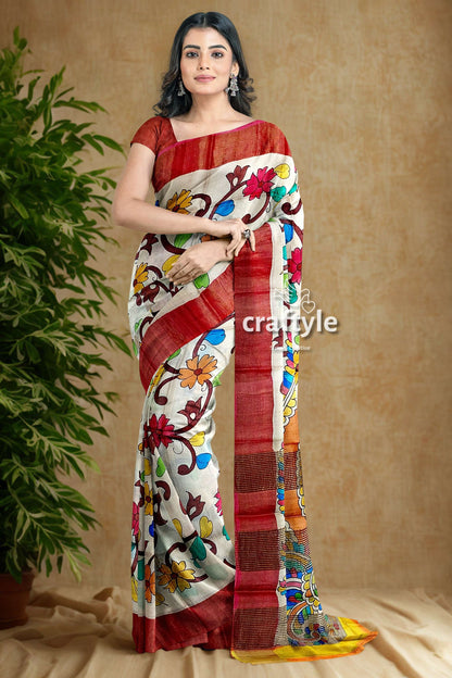 Hand Painted Floral Tussar Kalamkari Saree with Zari Border - Pure Tussar Silk
