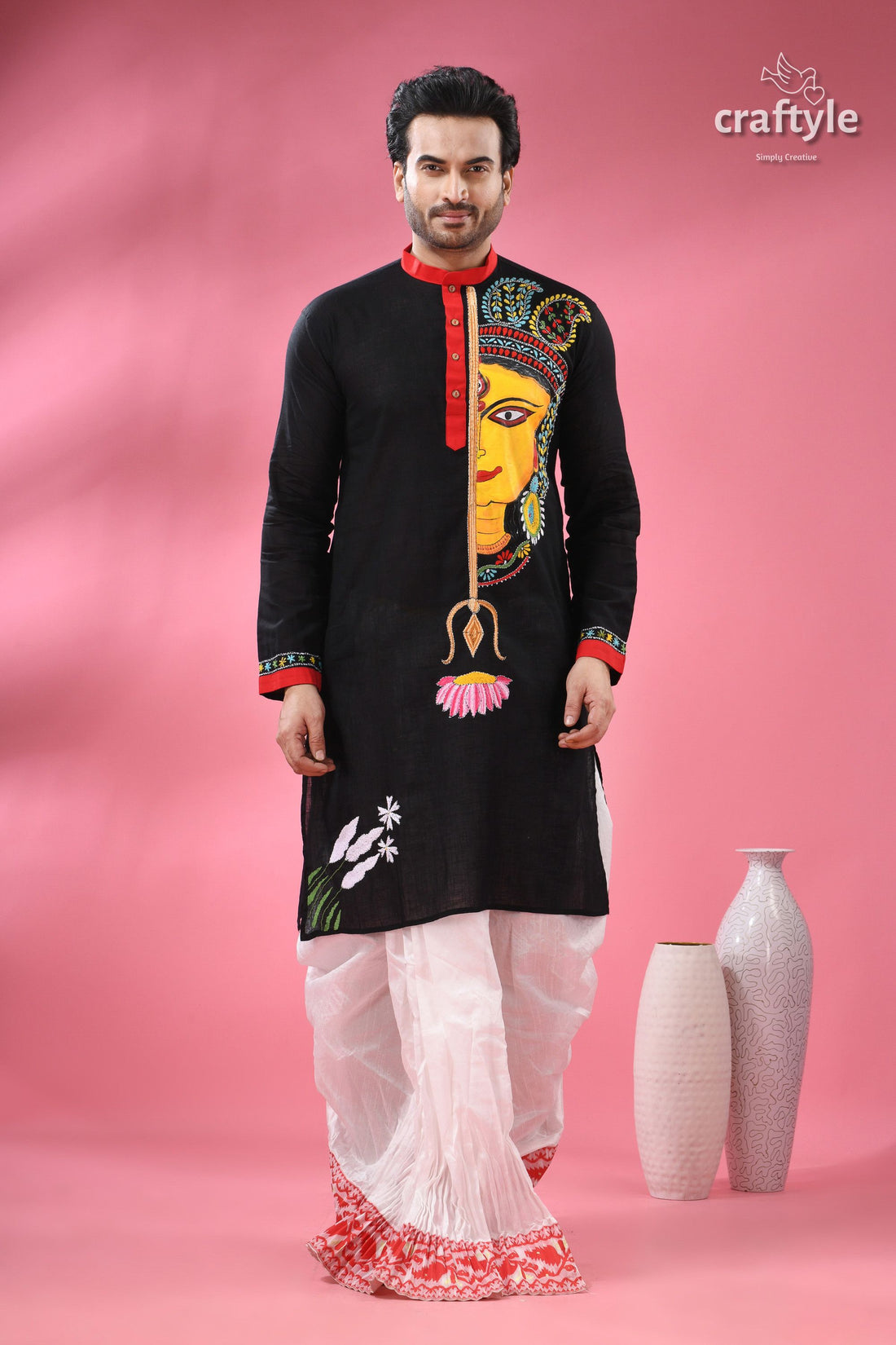 Kantha Stitched Hand Painted Ma Durga Cotton Punjabi for Men