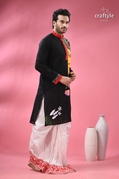 Kantha Stitched Hand Painted Ma Durga Cotton Punjabi for Men