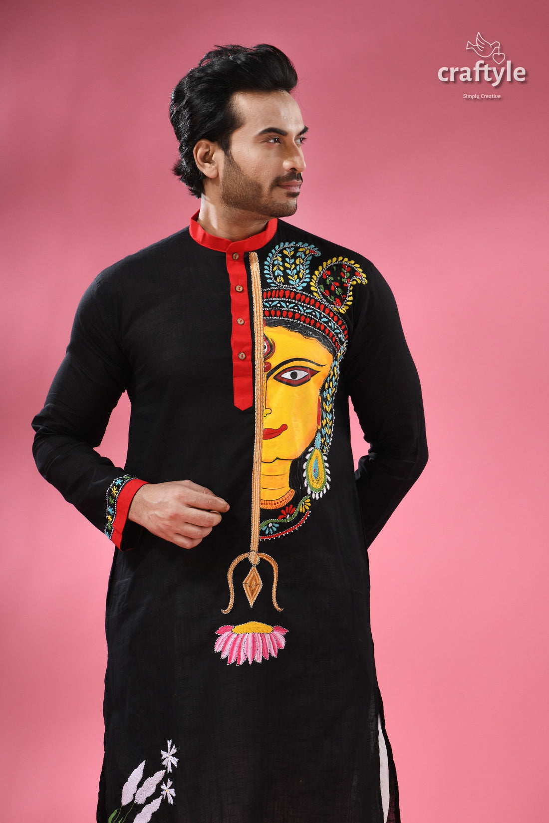 Kantha Stitched Hand Painted Ma Durga Cotton Punjabi for Men