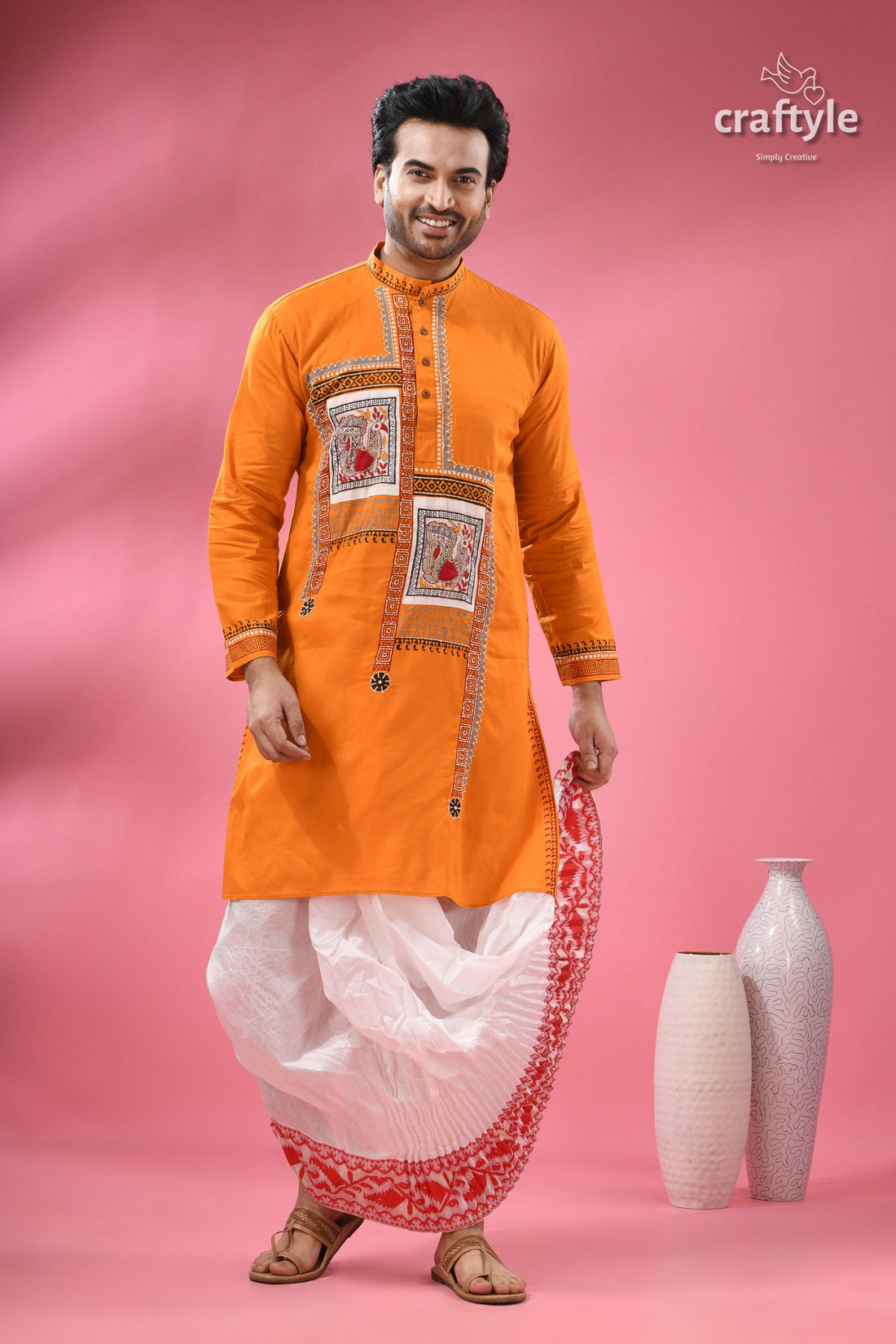 Hand Block Printed Cotton Panjabi for Men - Applique with Embroidery