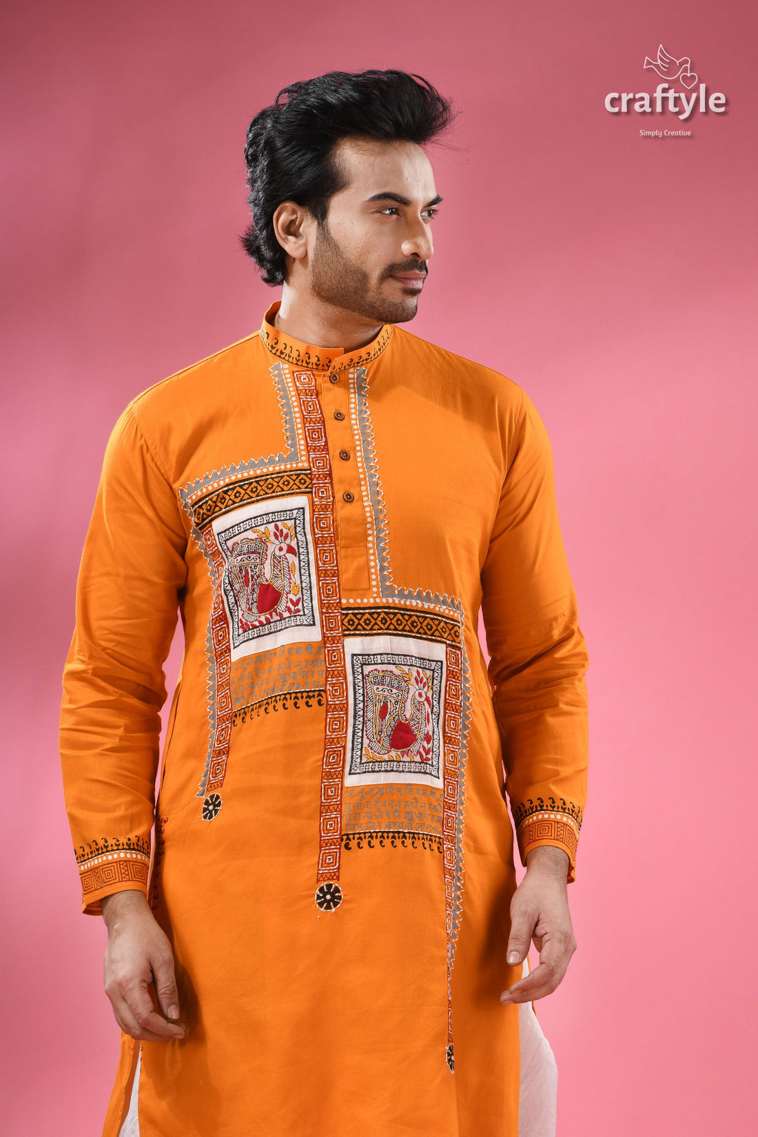 Hand Block Printed Cotton Panjabi for Men - Applique with Embroidery