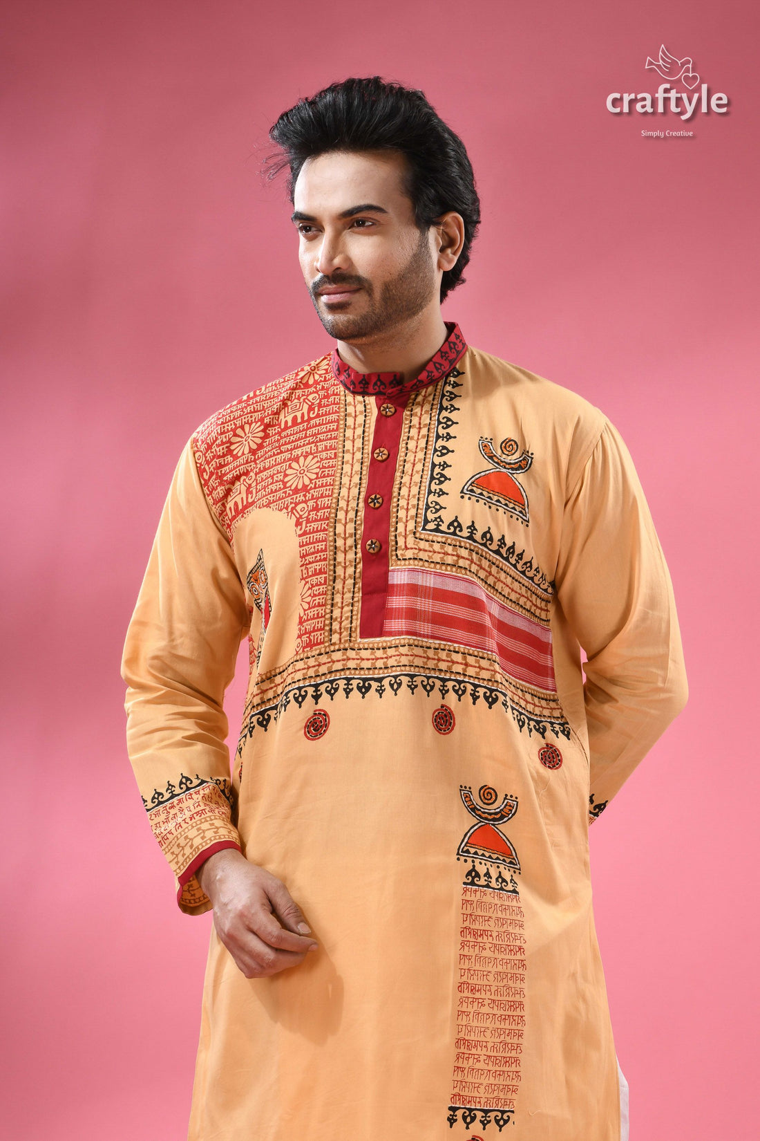 Hand Block Printed Cotton Punjabi with Applique - Ethnic Men&