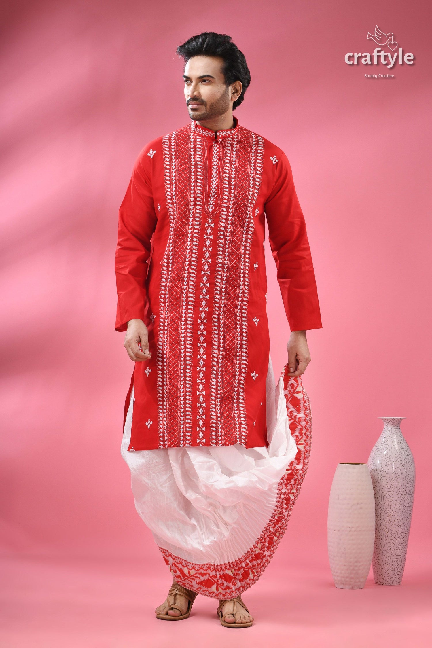 Crimson Red Kantha Stitch Cotton Kurta for Men