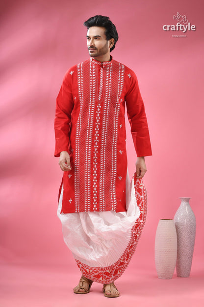 Crimson Red Kantha Stitch Cotton Kurta for Men