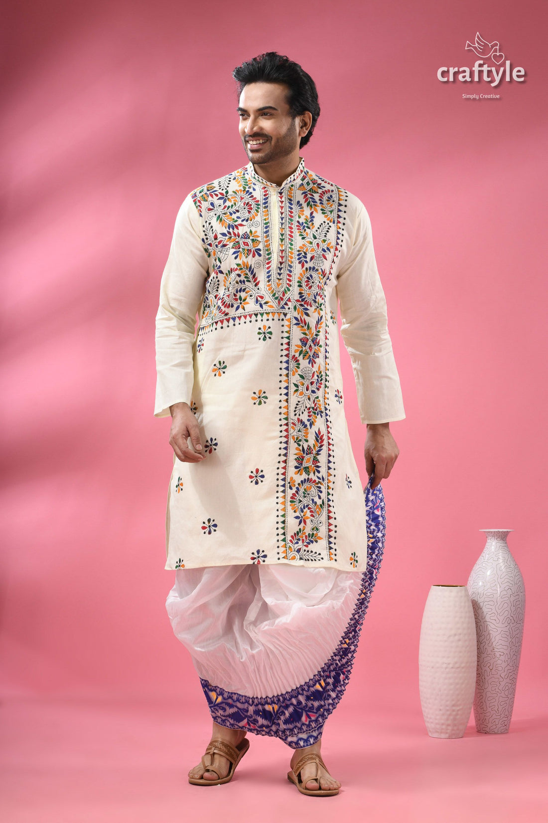 Multicolor Thread White Kantha Embroidery Cotton Kurta for Men