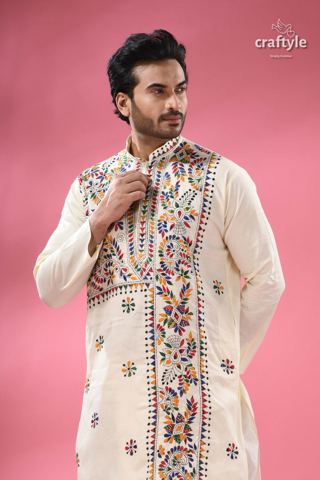 Multicolor Thread White Kantha Embroidery Cotton Kurta for Men