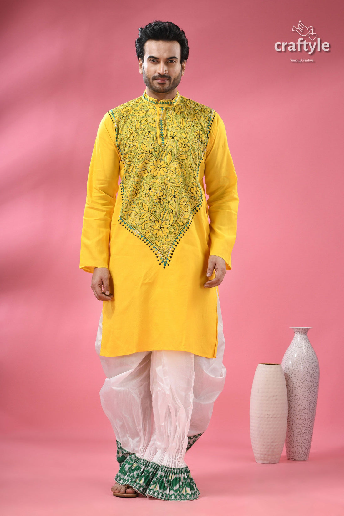 Vivid Yellow Kantha Stitch Cotton Kurta for Men