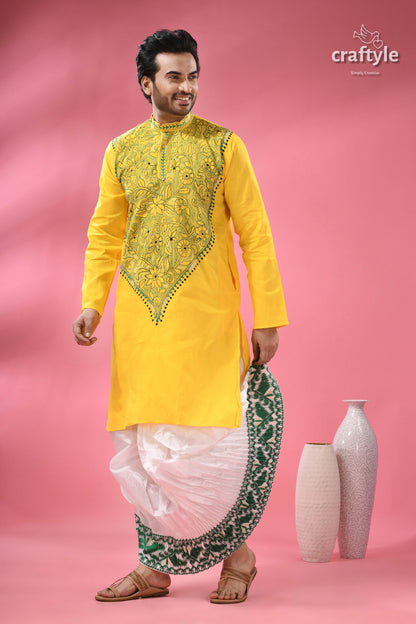 Vivid Yellow Kantha Stitch Cotton Kurta for Men