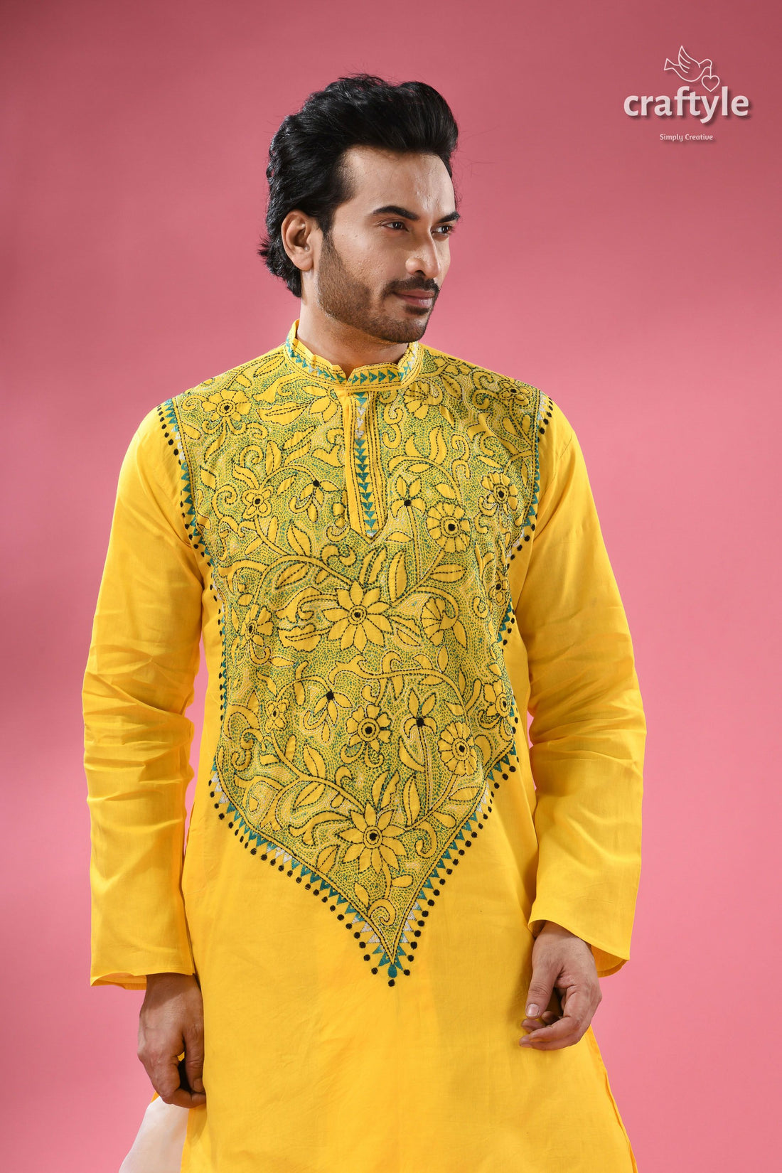 Vivid Yellow Kantha Stitch Cotton Kurta for Men