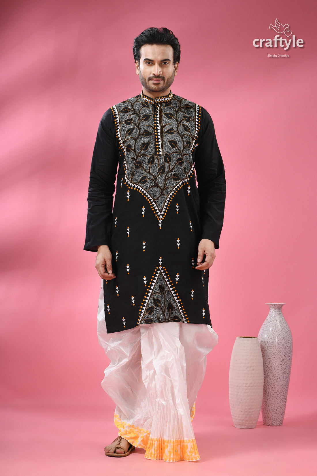 Jade Black Kantha Stitch Ethnic Cotton Kurta for Men