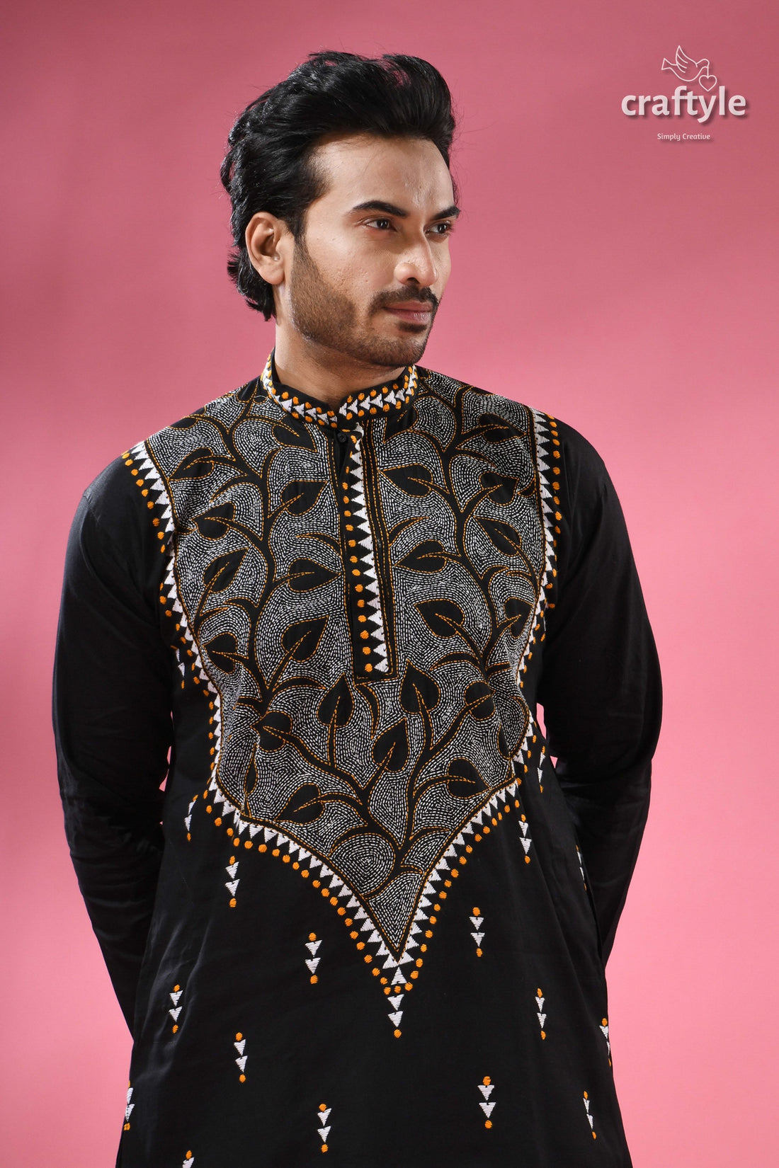Jade Black Kantha Stitch Ethnic Cotton Kurta for Men