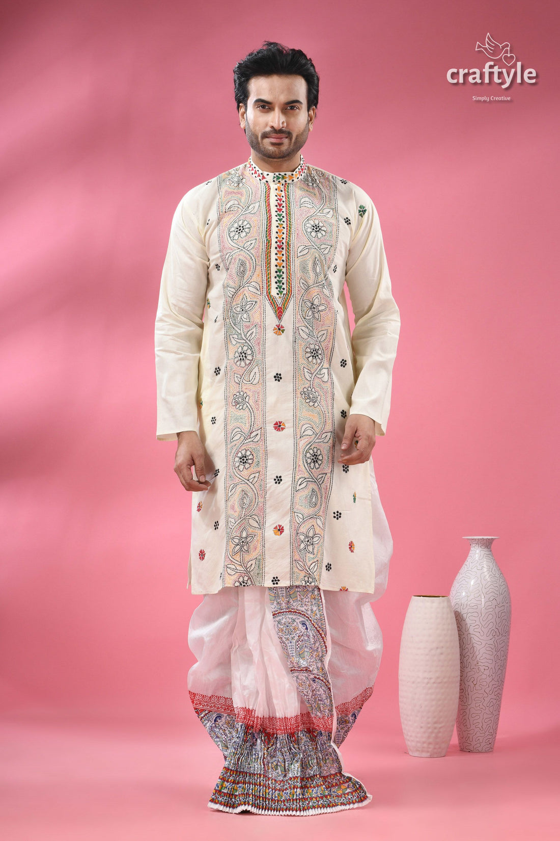 Cream White Multithread Kantha Hand Embroidered Men&