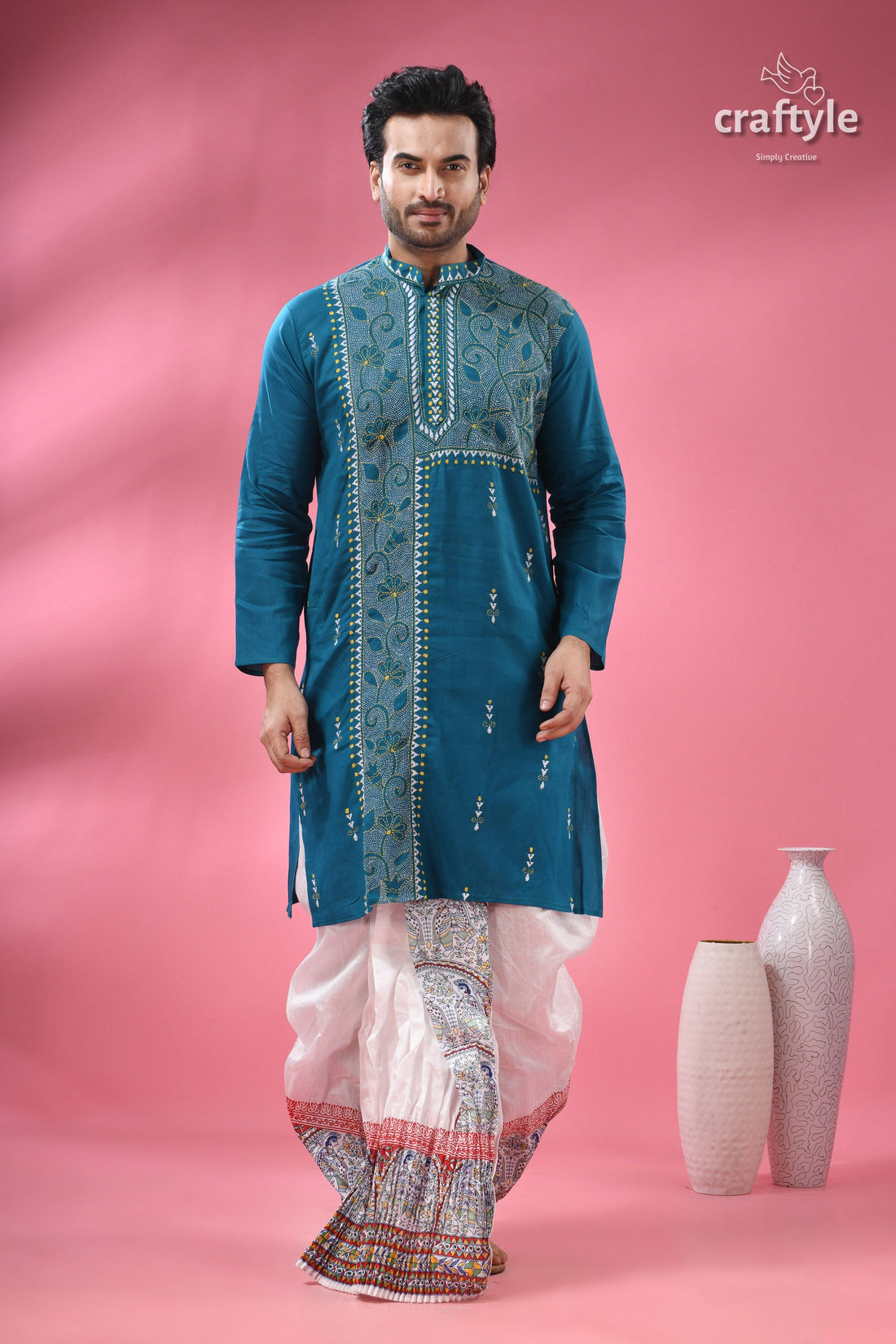 Teal Blue Cotton Kantha Stitch Kurta for Men