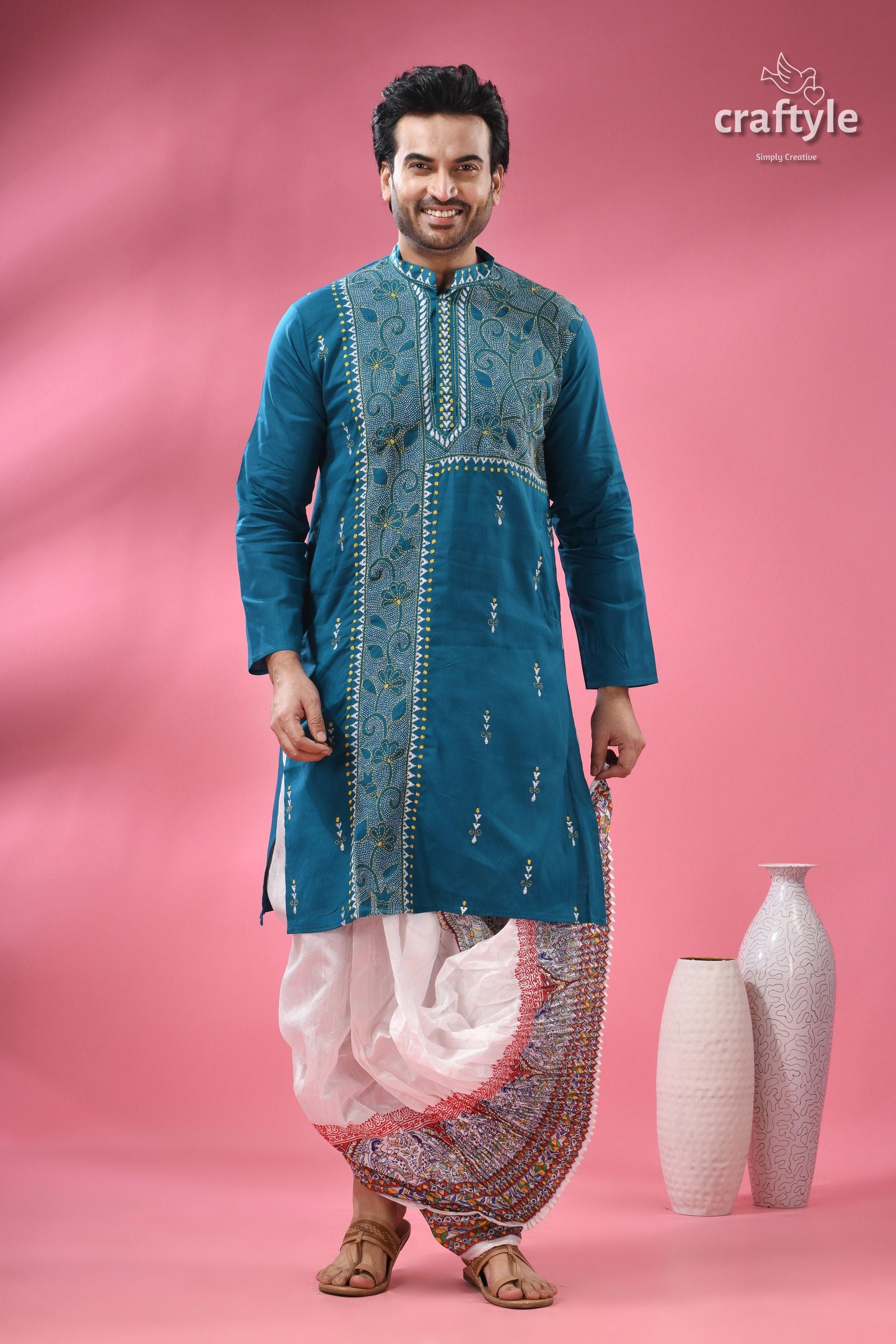 Teal Blue Cotton Kantha Stitch Kurta for Men