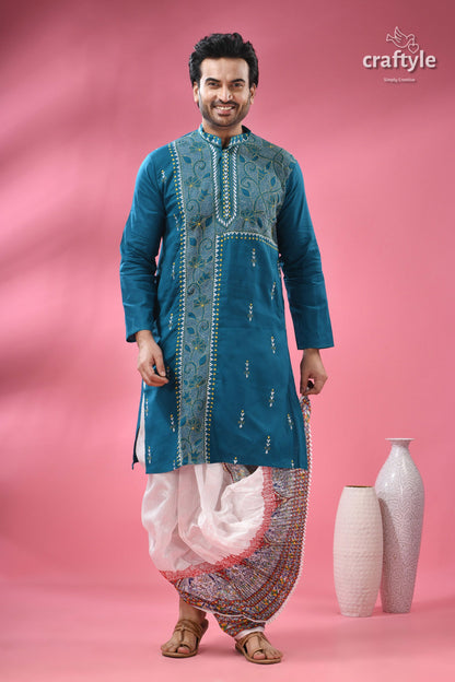 Teal Blue Cotton Kantha Stitch Kurta for Men
