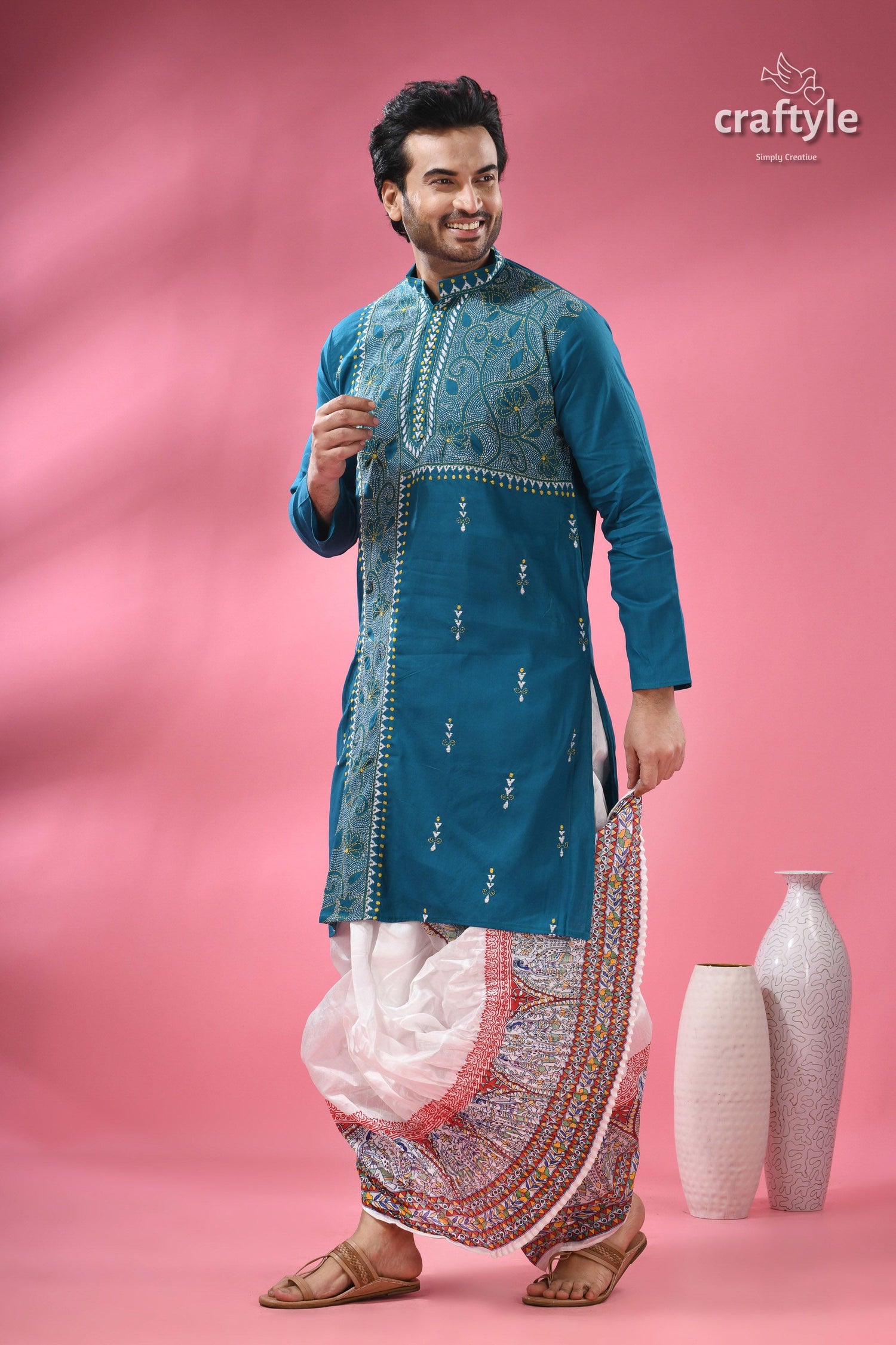Teal Blue Cotton Kantha Stitch Kurta for Men