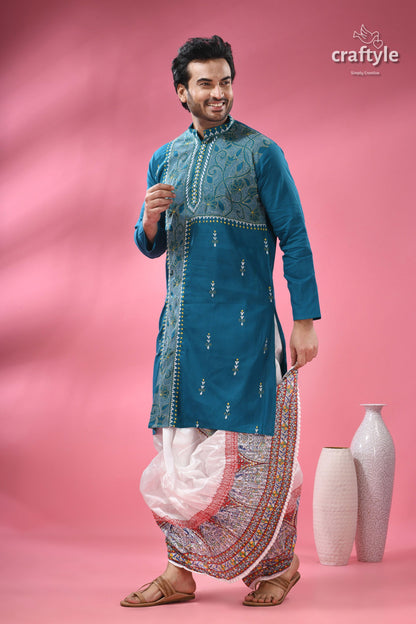 Teal Blue Cotton Kantha Stitch Kurta for Men