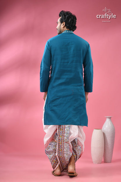 Teal Blue Cotton Kantha Stitch Kurta for Men