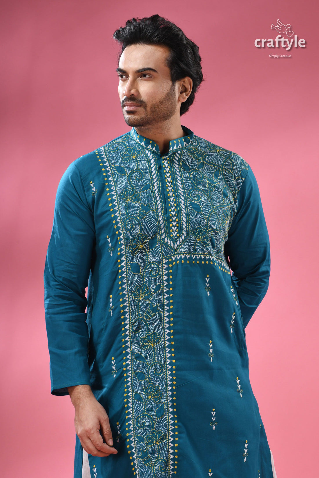 Teal Blue Cotton Kantha Stitch Kurta for Men