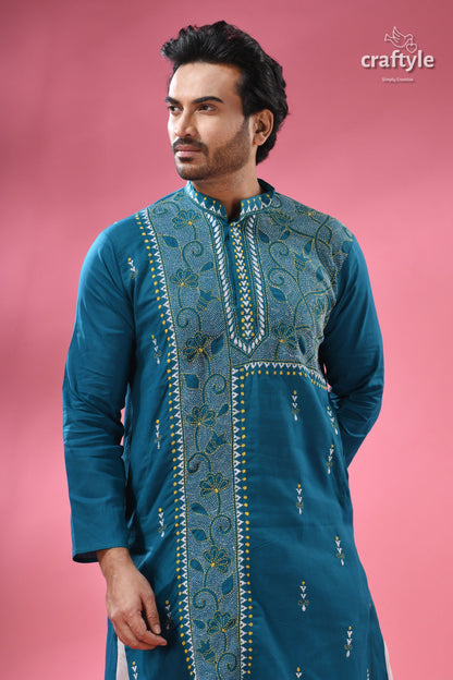 Teal Blue Cotton Kantha Stitch Kurta for Men