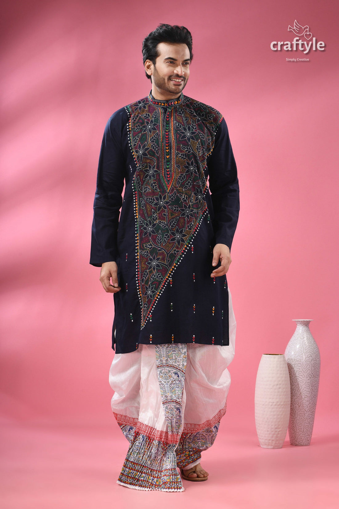 Oxford Blue Multicolor Kantha Hand Embroidered Gents Kurta
