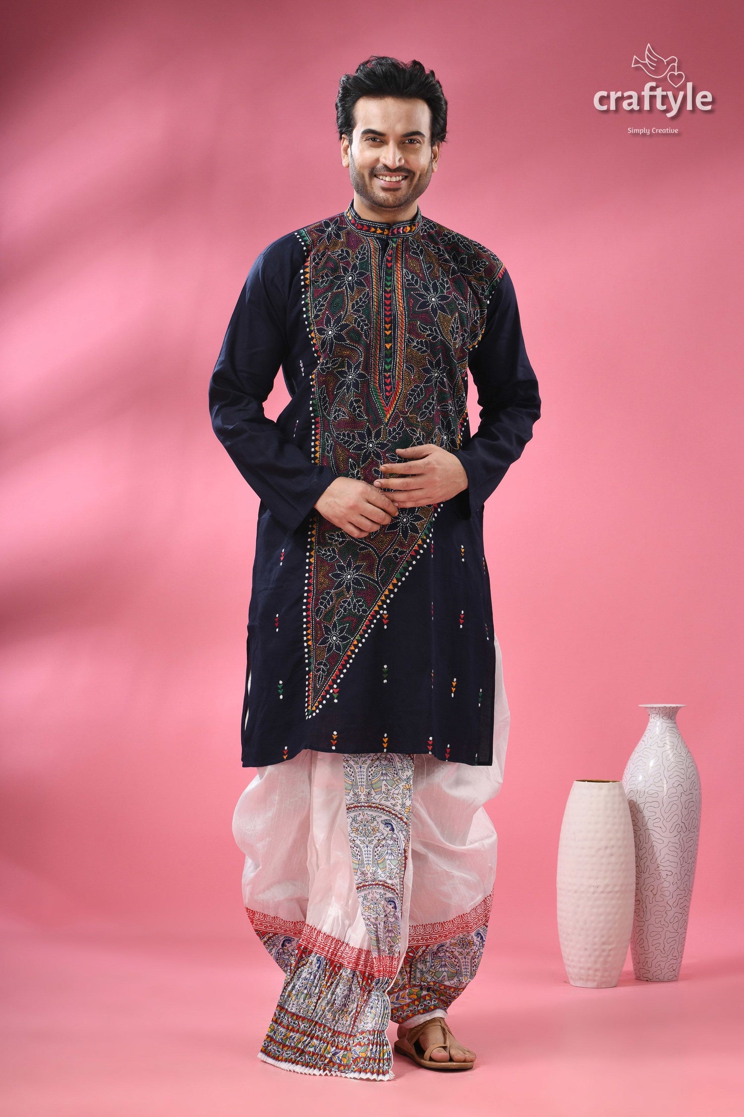 Oxford Blue Multicolor Kantha Hand Embroidered Gents Kurta