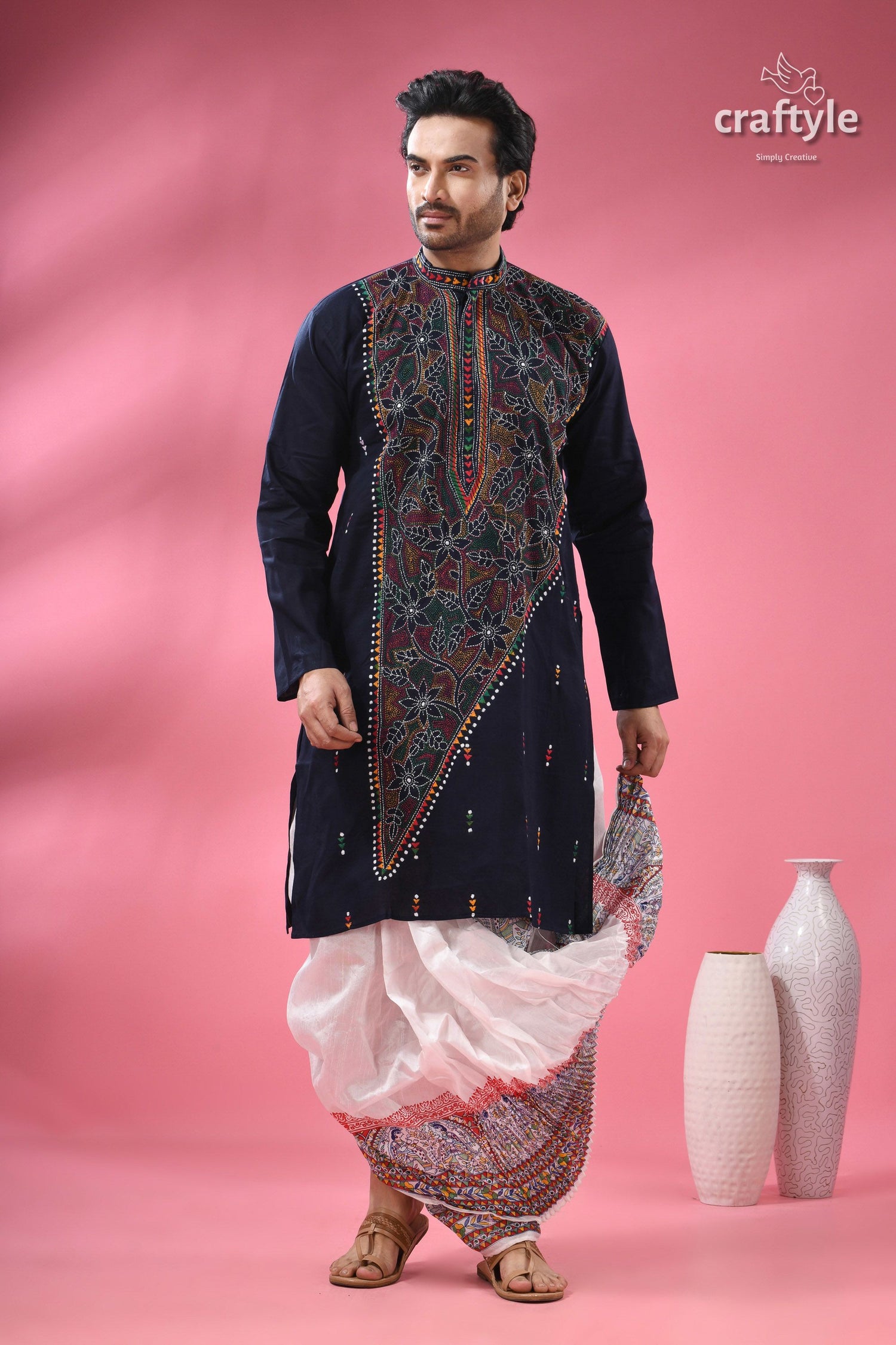 Oxford Blue Multicolor Kantha Hand Embroidered Gents Kurta