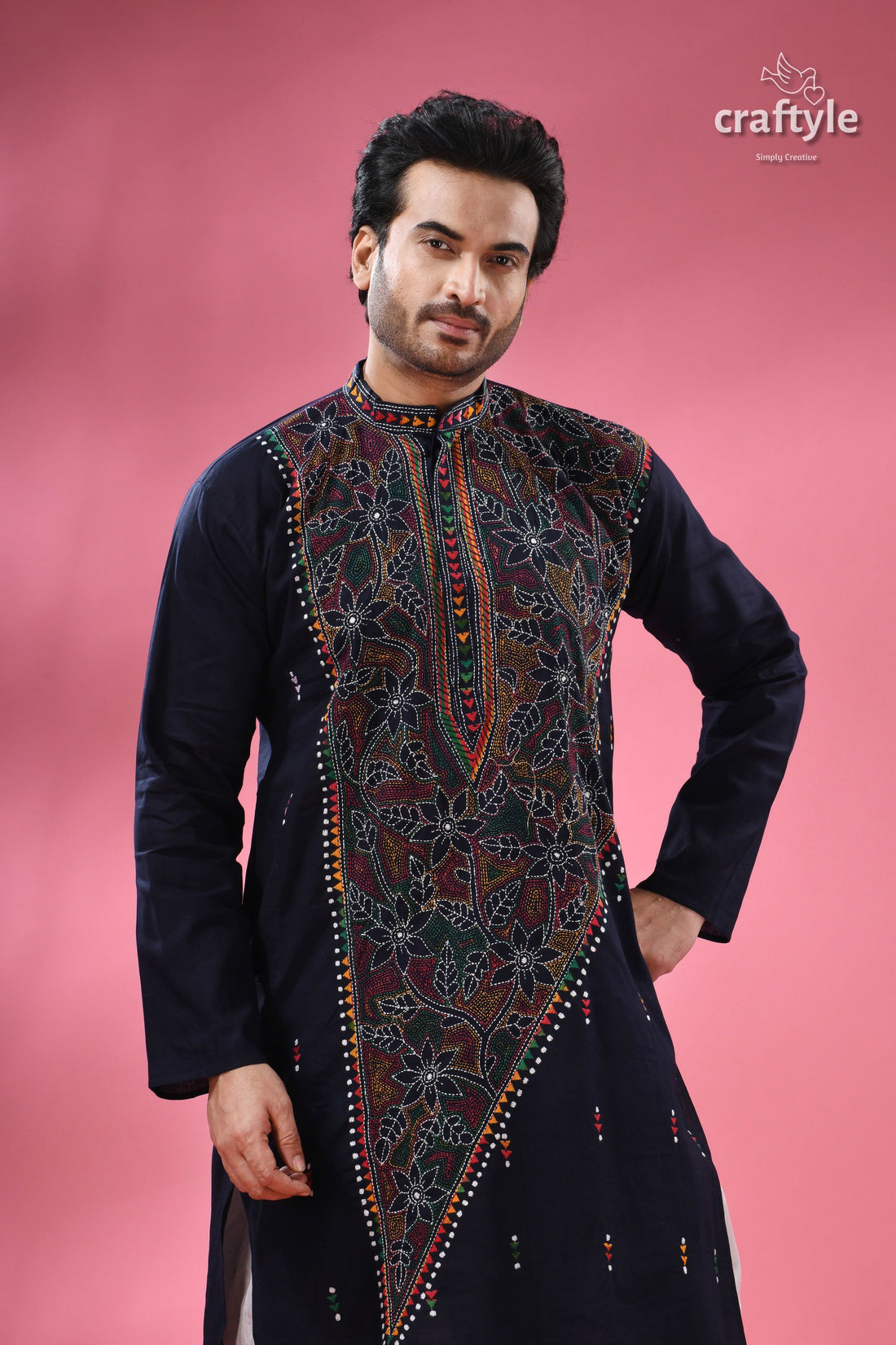 Oxford Blue Multicolor Kantha Hand Embroidered Gents Kurta