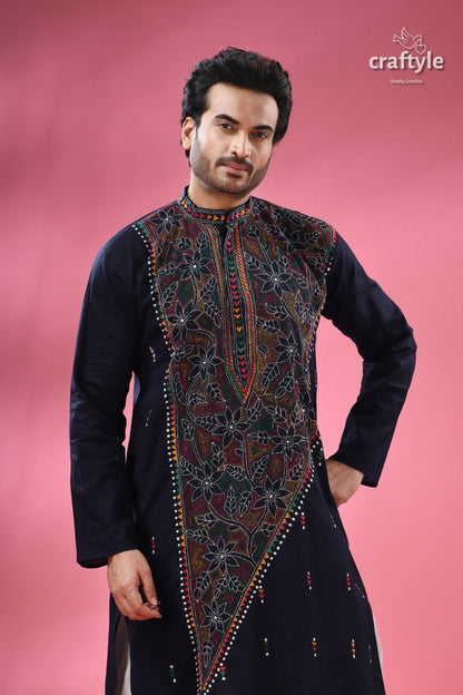 Oxford Blue Multicolor Kantha Hand Embroidered Gents Kurta
