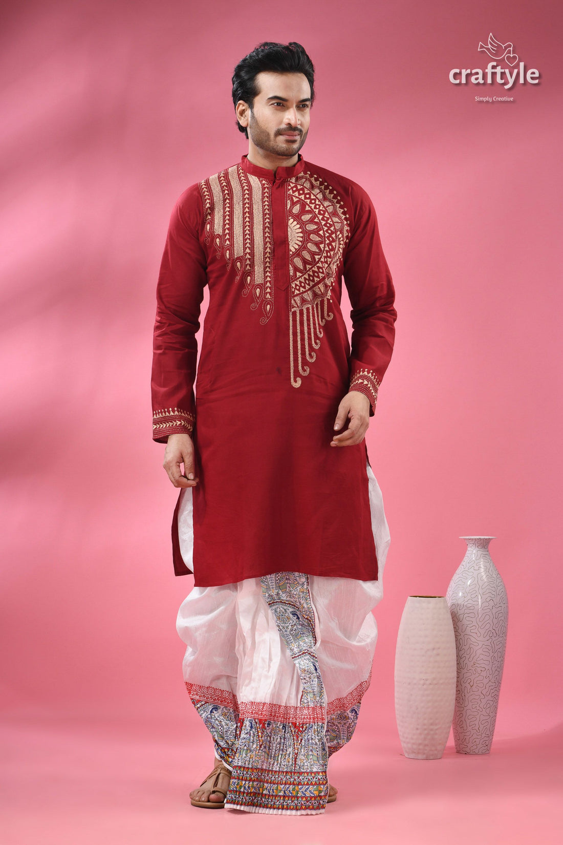Paprika Red Beige Thread Work Kantha Cotton Punjabi for Men