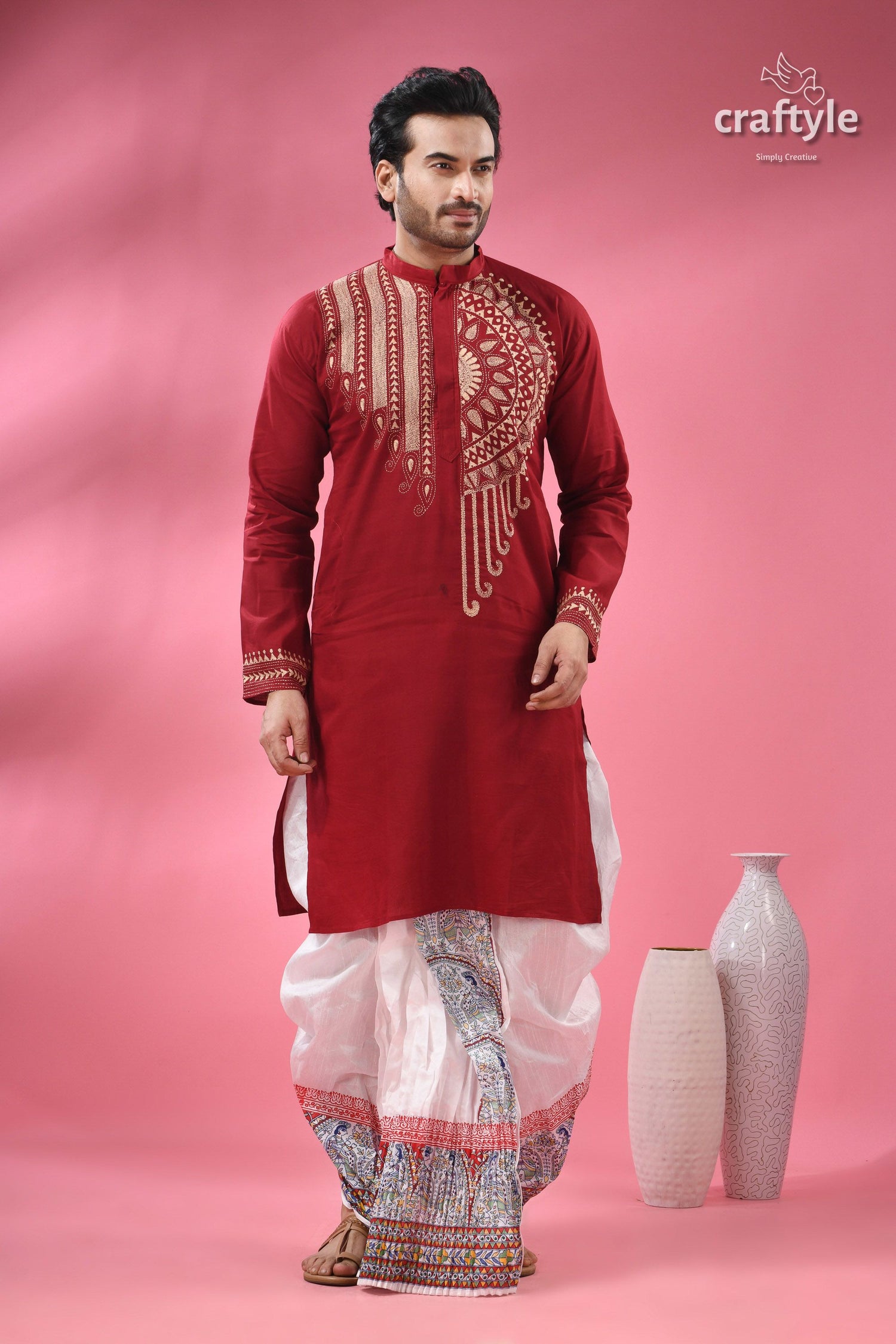 Paprika Red Beige Thread Work Kantha Cotton Punjabi for Men