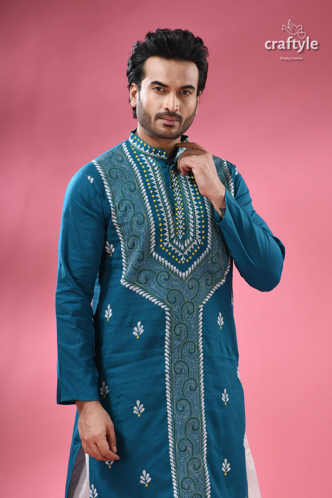 Munsell Blue Kantha Stitch Cotton Panjabi for Men