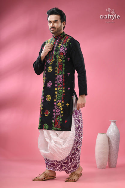Ebony Black Multicolor Thread Kantha Men&
