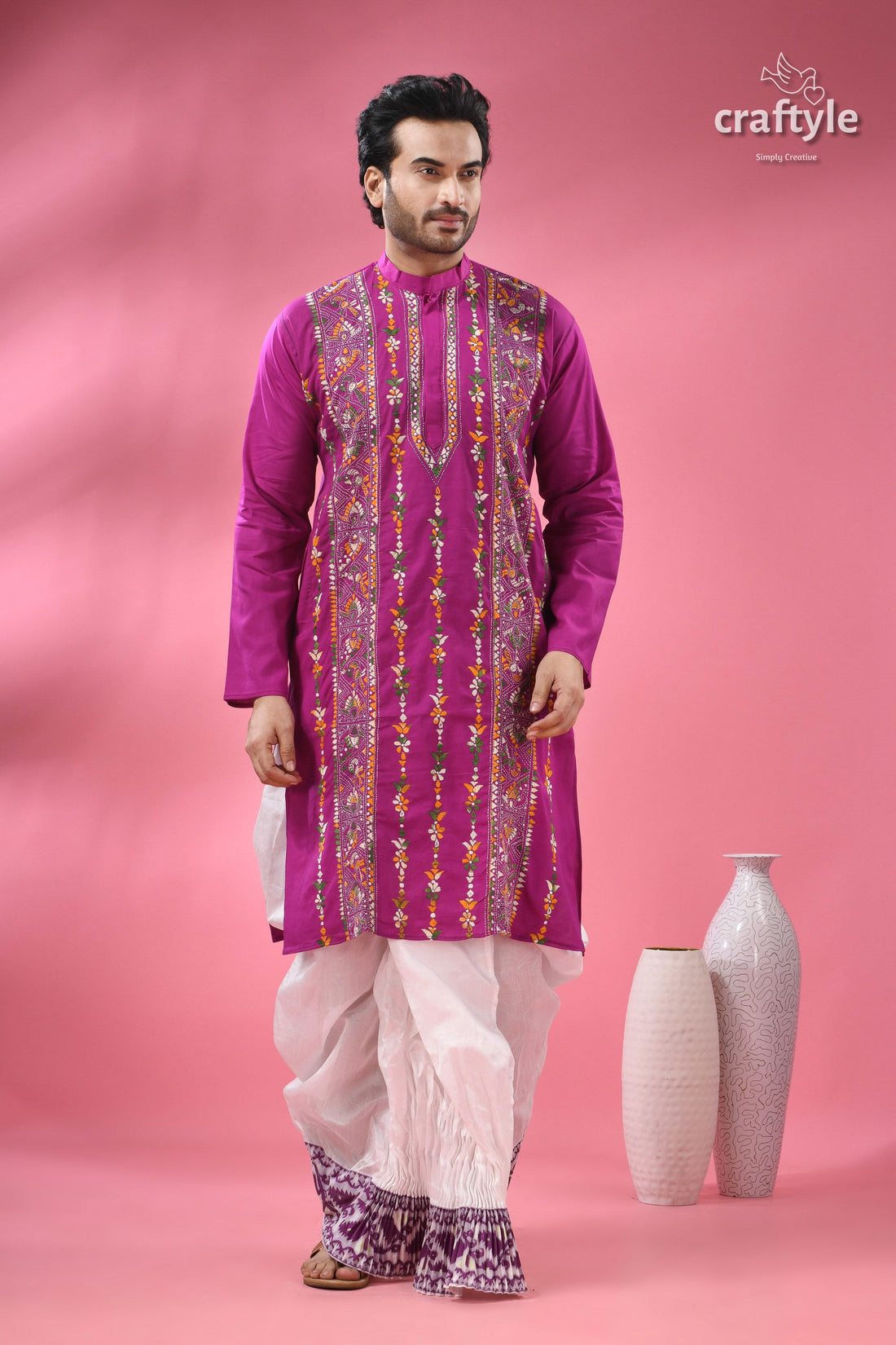 Deep Majenta Multithread Kantha Stitch Cotton Kurta for Men
