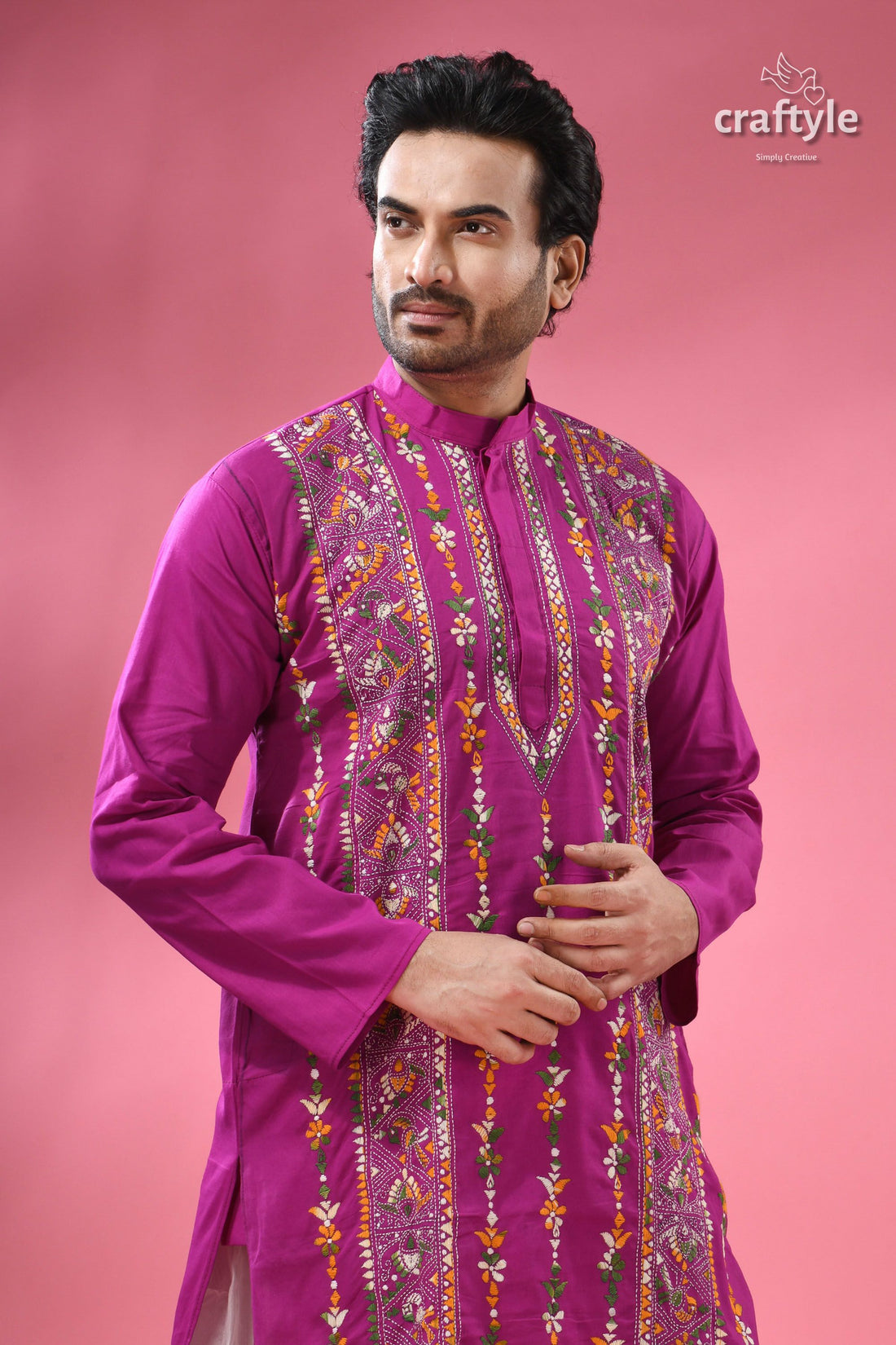 Deep Majenta Multithread Kantha Stitch Cotton Kurta for Men